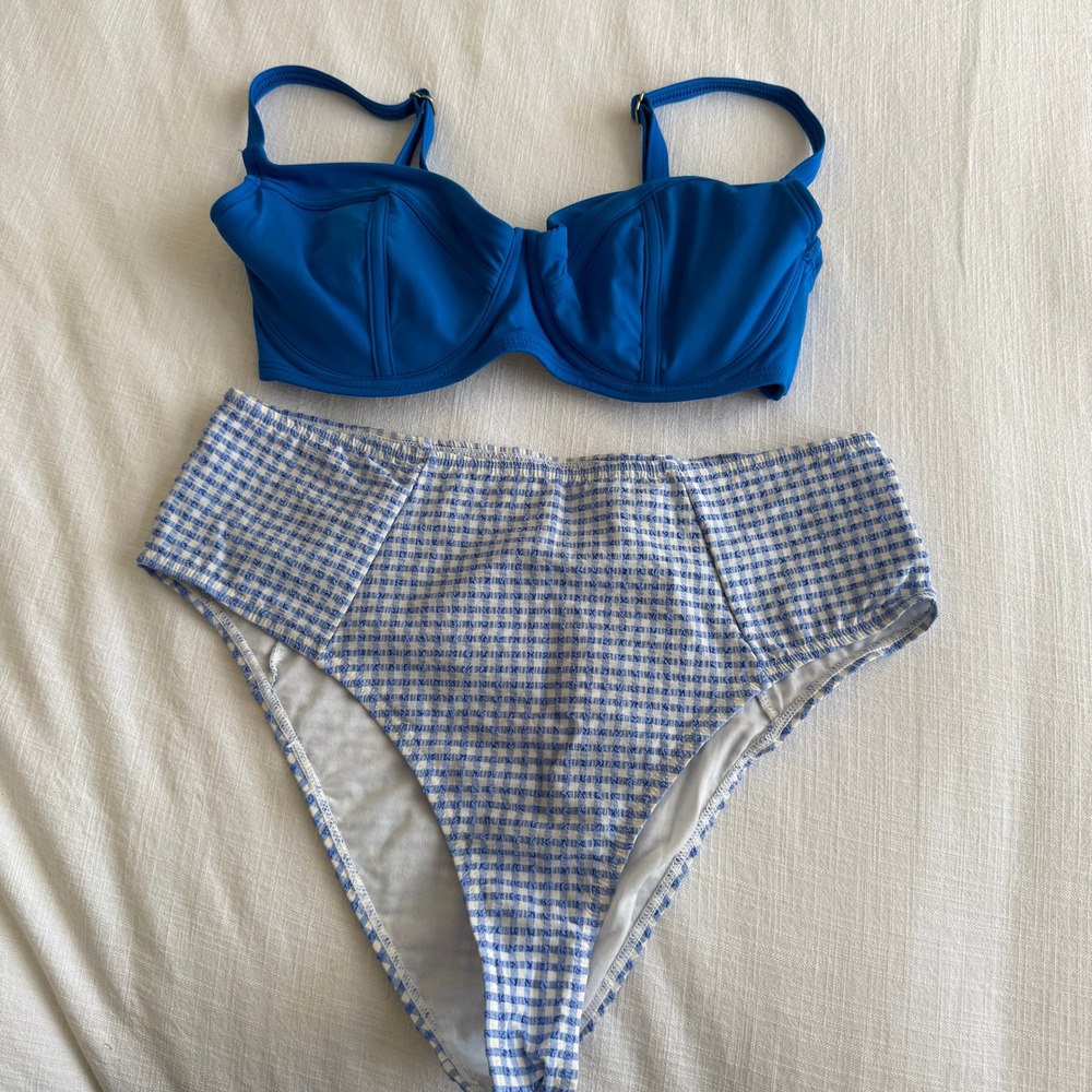 La Blanca‎ Blue Underwire Bikini Top Gingham High Waist Bikini Bottom Size 34DD